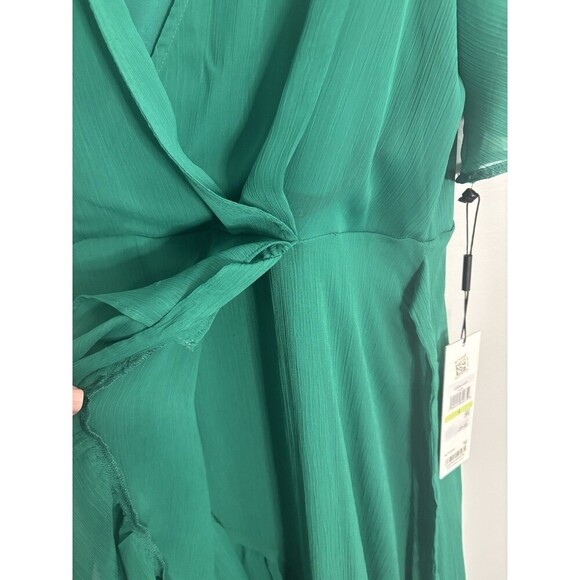 CALVIN KLEIN Kelly Green Ruffle Wrap Dress Women 4 Flutter Sleeve Midi Chiffon - Picture 8 of 16